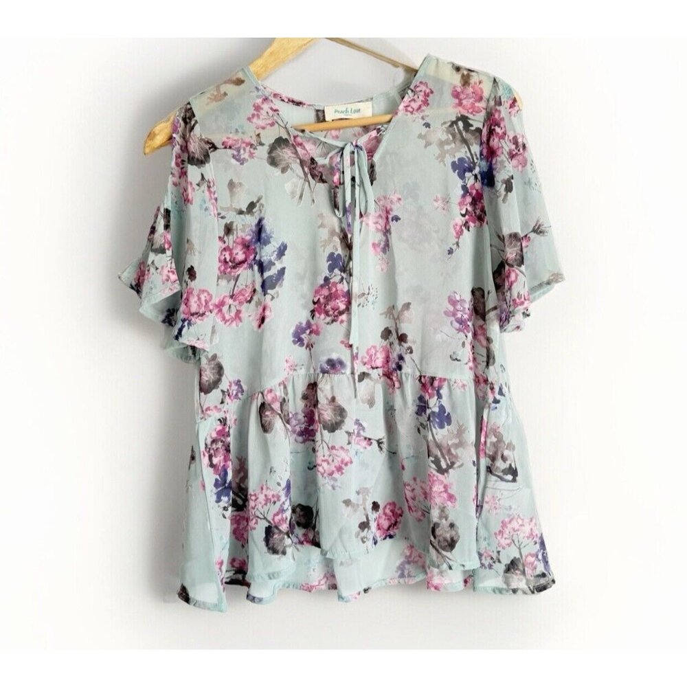 Peach Love Pastel Blue Sheer Floral Peplum Top Size Medium Fairy Boho Feminine